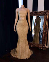 Gold Sequins Two Pieces Strapless Mermaid Prom Dress